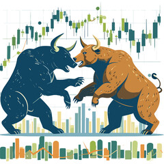 Poster - Stylized Fighting Bull and Bear Illustration Against Stock Market Chart with Green and Beige Palette Depicting Stock Trading