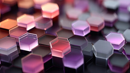 Poster - Shiny multi-colored hexagonal shapes with depth of field. Abstract glass crystal geometric background. Reflective light and color spectrum.