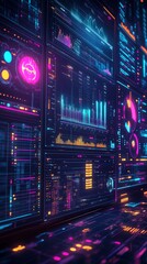 Poster - Futuristic Data Analytics Dashboard with Vibrant Neon Colors and Complex Graphs