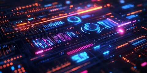 Poster - Futuristic Digital Interface with Neon Glowing Graphs and Data Visualizations in Dark Environment