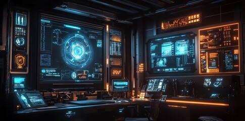 Poster - Futuristic High-tech Control Room with Digital Screens and Neon Orange Lighting