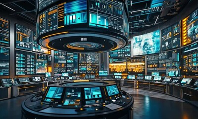 Poster - Futuristic control room with numerous displays