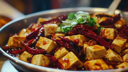 Poster - A dish of marinated tofu and colorful peppers served in a bowl, perfect for a healthy meal or food presentation