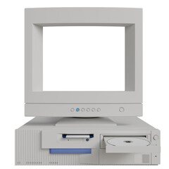 A vintage off-white desktop computer with a large CRT monitor, a floppy disk drive, and a CD-ROM drive, displayed against a transparent background, showcasing its retro design