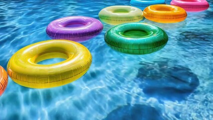 Poster - A group of colorful inflatables float on the surface of a pool, perfect for summer fun or decoration