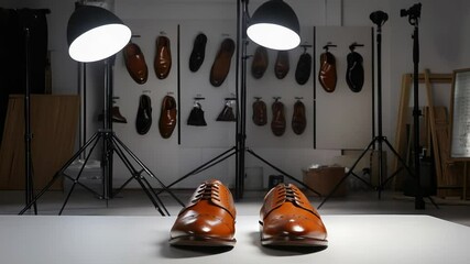 Poster - A pair of brown shoes sitting on a table, available for use in various scenes and settings
