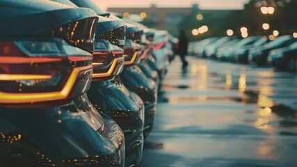 Poster - Row of vehicles parked in an urban parking lot, ready for departure