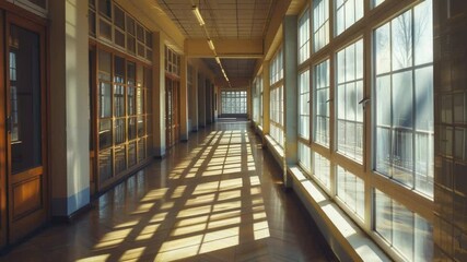 Poster - A long corridor with many windows and a bench for rest