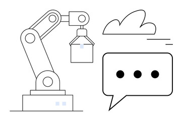 Poster - Robotic arm lifting object, cloud element, and chat bubble with dots. Ideal for AI, automation, technology, robotics, cloud computing, communication software simple landing page