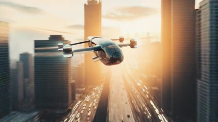 Poster - A plane flies over a city as the sun sets, casting a warm glow
