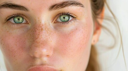 Poster - A close-up view of a woman's face, featuring freckles and natural beauty