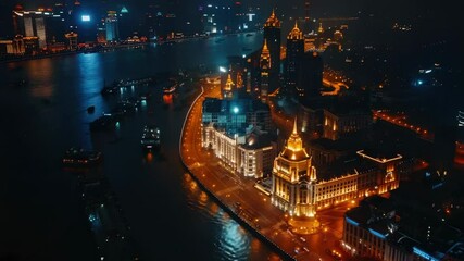 Poster - Aerial view of a city lit up at night with buildings and streets in the darkness