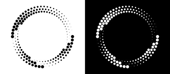 Aufkleber - Modern abstract background. Halftone dots in circle form. Round logo. Vector dotted frame. Design element or icon. Black shape on a white background and the same white shape on the black side.