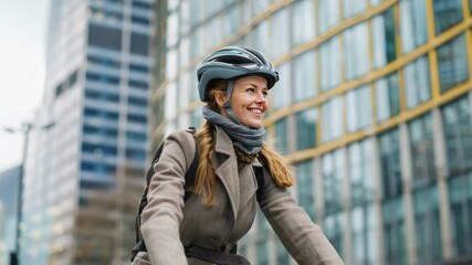 Poster - A woman rides a bike through a bustling city street