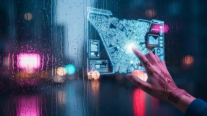 Fototapete - Hand interacting with futuristic city map interface on a rainy window at night time scene view