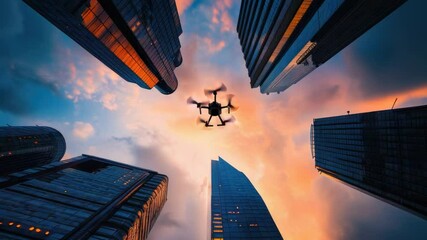 Poster - A helicopter flying through a city as the sun sets