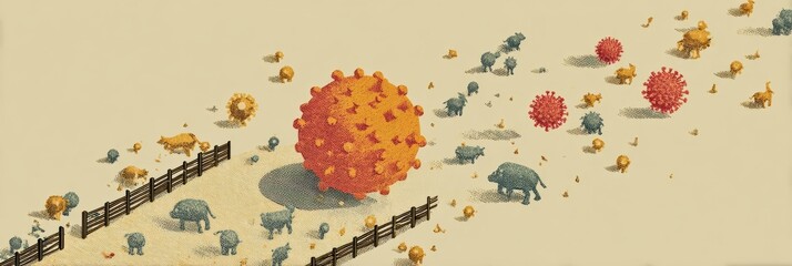 Poster - Illustrated infographic depicts the concept of herd immunity, showcasing the interaction between animals and viruses in a simplified manner.