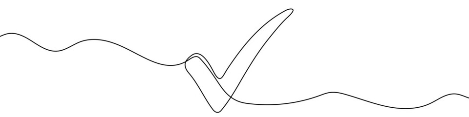 Poster - Black check mark in one line art style. Check mark drawing with editable stroke on white background. Vector illustration.