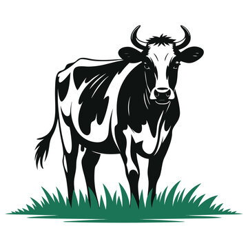 A black and white cow with horns standing in green grass, rendered in a graphic, somewhat abstract style.