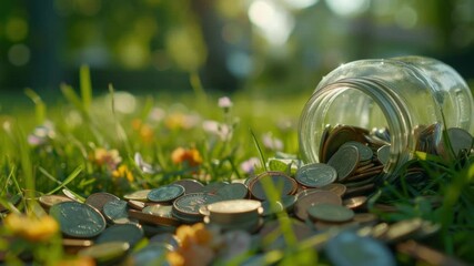 Poster - A jar filled with coins resting on green grass, perfect for financial or nature-related themes