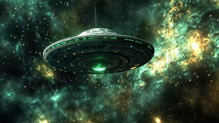 Wall Mural - ufo alien craft gliding through vibrant cosmic space environment with swirling galaxies, ufo alien c