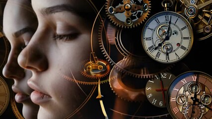 Poster - A close-up shot of a woman's face with a clock visible in the background, ideal for use in lifestyle and fashion photography projects