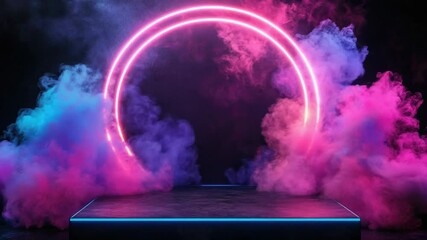 Poster - A darkened stage lit by a neon ring surrounded by thick smoke, great for concert or performance concepts