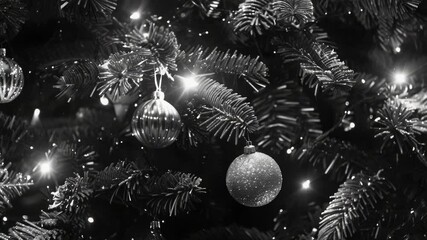 Aufkleber - A black and white photo of a Christmas tree silhouette with lights and ornaments