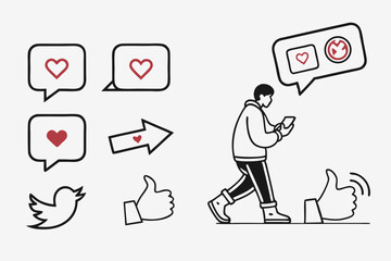 Social media icons with a man using his smartphone isolated on white