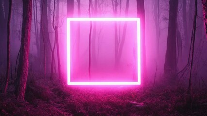 Poster - A pink neon frame stands out among trees in a dense forest, perfect for use as a background or to highlight a message