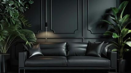 Aufkleber - Cozy living room with a black leather sofa and potted plants, ideal for home decor or interior design projects