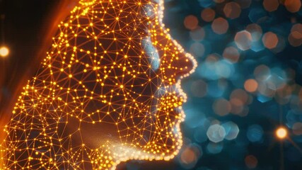 Poster - A person's face with small glowing dots or sparks surrounding the eyes, suitable for use in sci-fi, futuristic or technological contexts