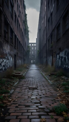  Abandoned Urban Alleyway with Overgrown Decay – Post-Apocalyptic Vertical City Scene