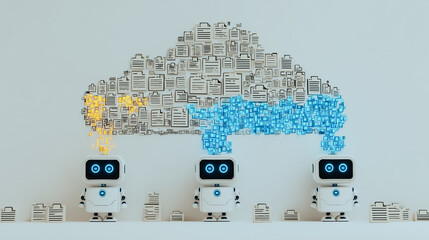 Poster - Cloud Robotics: A digital representation of cloud robotics, featuring robots interacting with a data cloud to represent information, data processing, and the future of technology and automation.