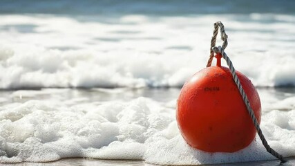 Fototapete - A red buoy sits on the sandy beach, perfect for a coastal scene or water-themed design