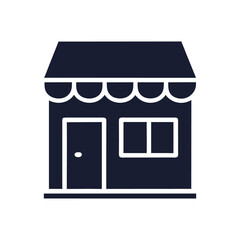 A simple dark blue shop icon is isolated on white background
