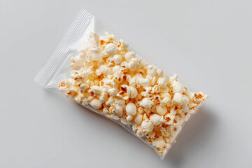 Poster - A clear plastic bag contains freshly popped kernels of popcorn. The bag is sealed and lies on a plain light colored surface. Ready to eat.