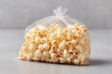 Poster - Popcorn in a clear plastic bag. Sweet and salty snack perfect for movies. A convenient and satisfying treat for a quick, easy indulgence.