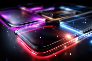 Poster - Colorful glowing smartphone screens arranged artistically on a dark surface