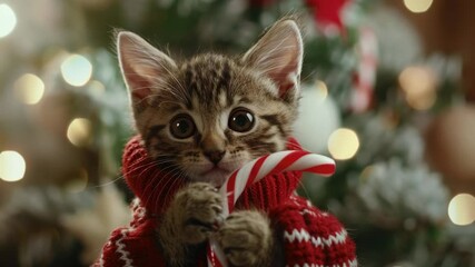 Aufkleber - A cute kitten holds a colorful candy cane, perfect for winter or holiday themes
