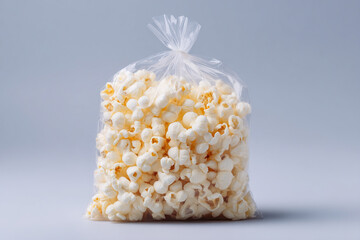 Poster - A clear bag filled with fluffy popcorn, the perfect snack for movie night or any occasion where you want something salty and delicious.