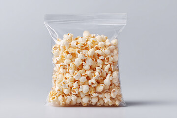 Aufkleber - Bag of Popcorn: A clear, sealed bag brimming with freshly popped, light yellow popcorn against a light grey background. Snack time!