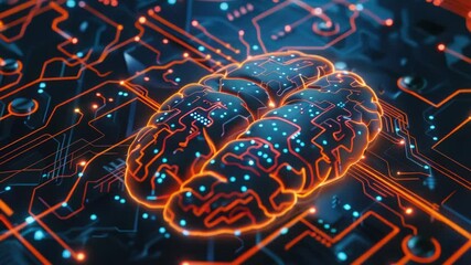 Poster - A futuristic illustration of a brain-like component glowing on a circuit board, suitable for technology and innovation-related projects