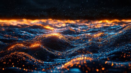 Poster - Digital waves of glowing orange and blue particles create a futuristic, abstract oceanic scene under a dark starry background, AI Trend