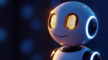 Poster - A futuristic, friendly robot with glowing eyes and a smooth, white exterior set against a dark, blurred background, AI Trend
