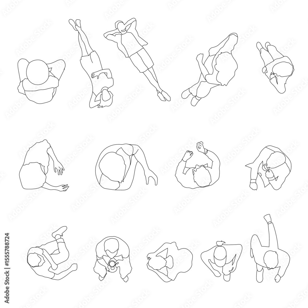 Extensive set of clean line top view silhouettes of people in various ...