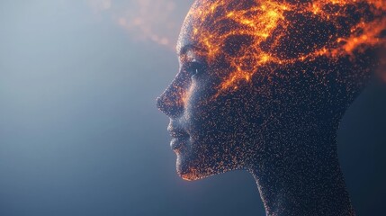 Poster - A digital human face composed of glowing, fiery particles symbolizes artificial intelligence and futuristic technology, AI Trend
