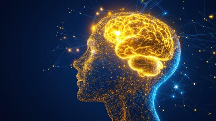 Poster - A digital illustration of a human head with a glowing, interconnected brain network, symbolizing neural connections and advanced technology, AI Trend