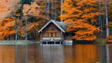Poster - A small cabin situated on a peaceful lake surrounded by nature