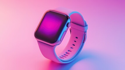 Poster - A modern smartwatch with a sleek design is displayed against a vibrant pink and purple gradient background, highlighting its minimalist style and digital interface, AI Trend